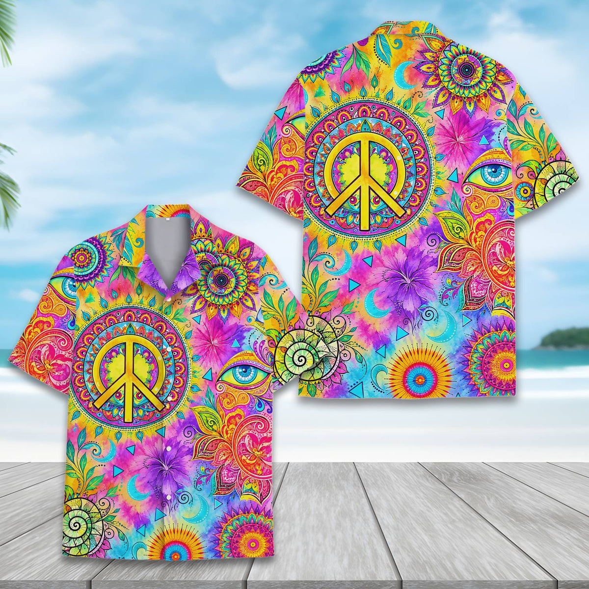 Close up front view of the colorful psychedelic patterns on the hawaiian shirt