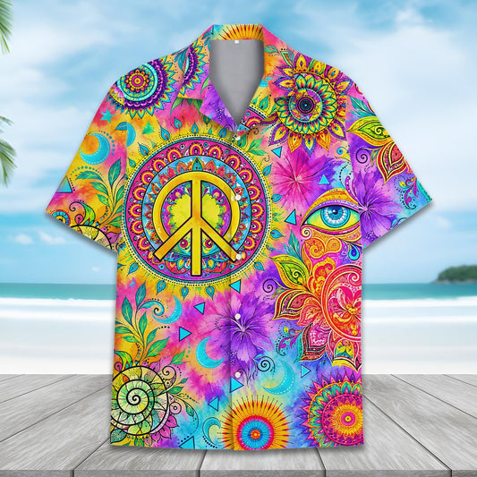 Main view of the psychedelic boho peace hawaiian shirt featuring vibrant mandala patterns