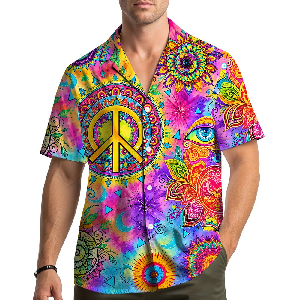 Lifestyle view of a person wearing the psychedelic boho peace hawaiian shirt outdoors