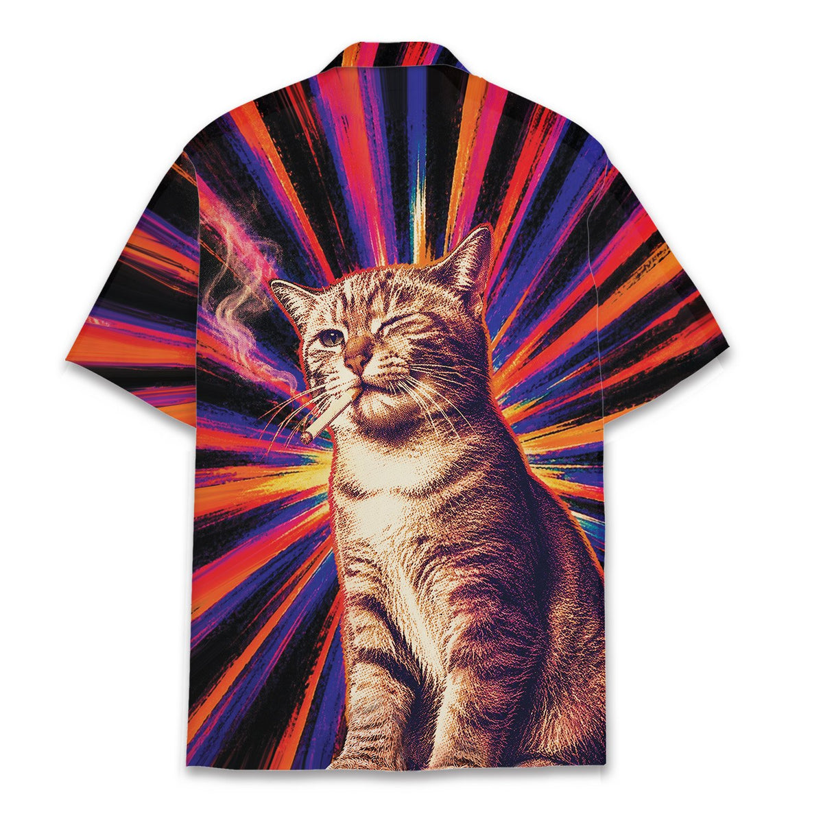 Back view of the matching family hawaiian shirt with radiant sunburst lines