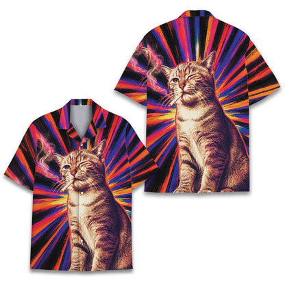 Front view of the red psychedelic hawaiian shirt showing the bold abstract design