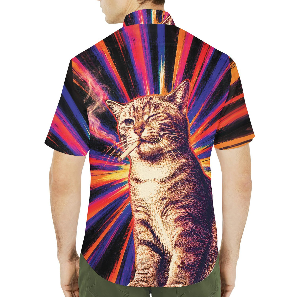 Sixth lifestyle view of the bold red psychedelic hawaiian shirt