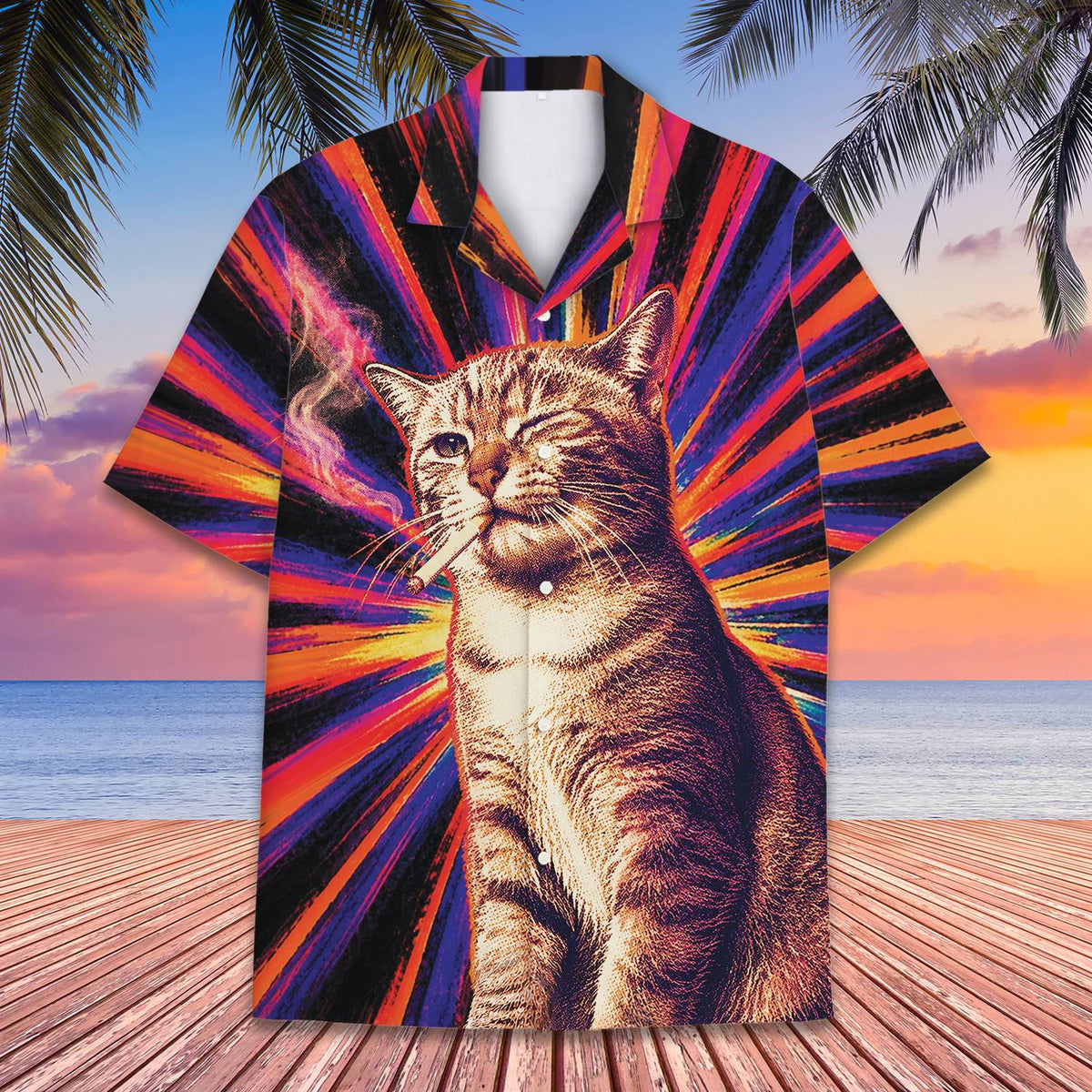 Lifestyle view of a person wearing the red psychedelic hawaiian shirt outdoors