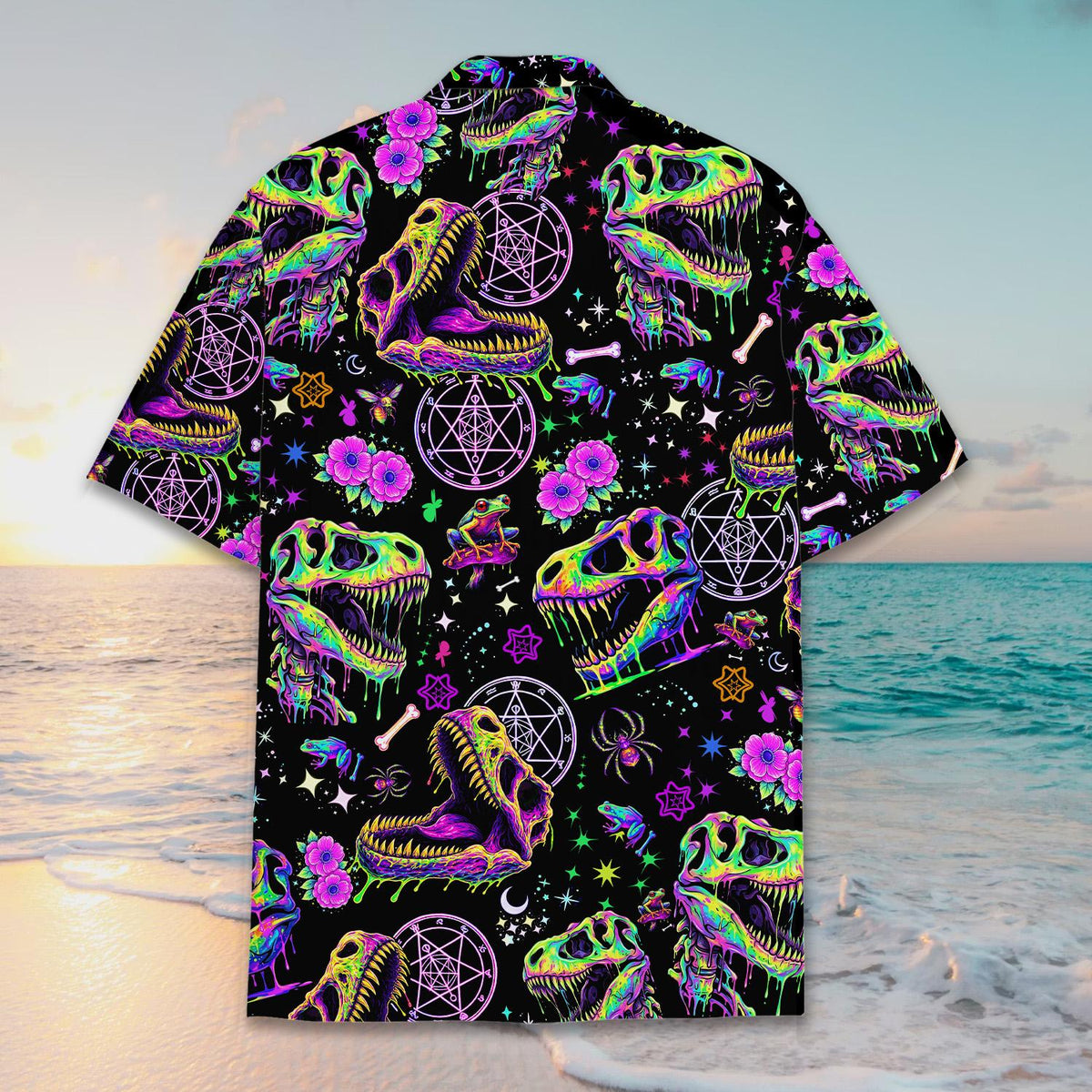 Back view of the vibrant psychedelic dinosaur hawaiian shirt