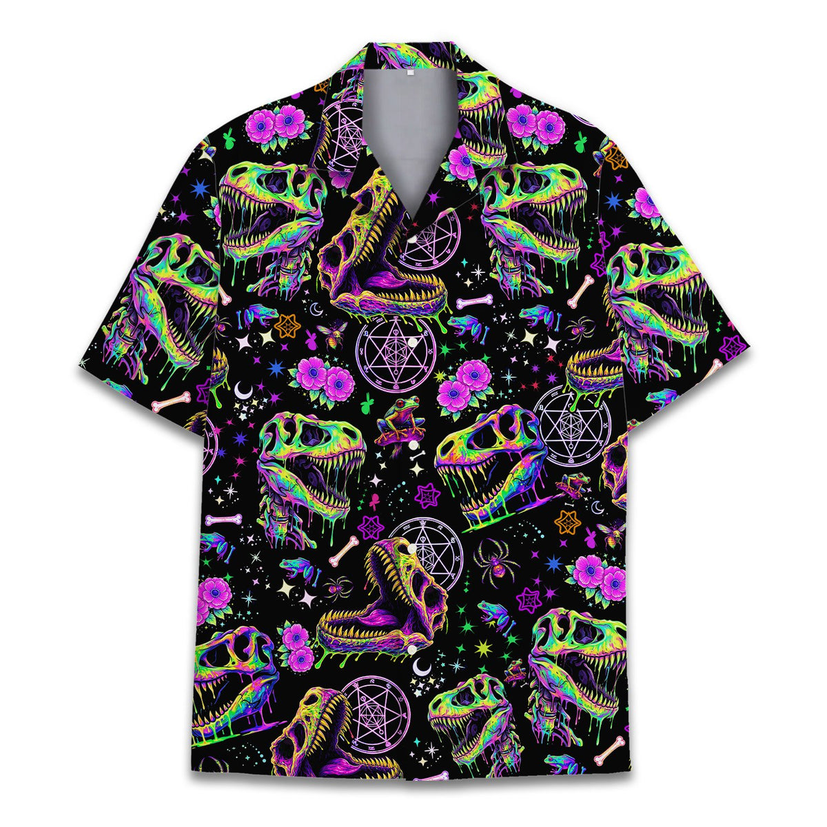 Another front view of the black and neon psychedelic dinosaur hawaiian shirt