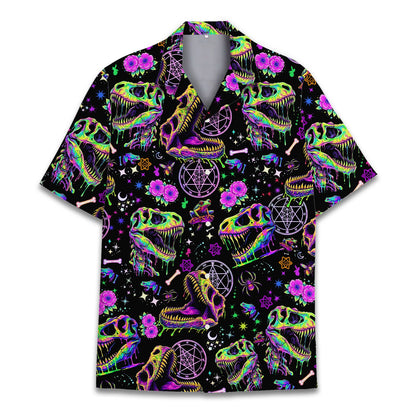 Another front view of the black and neon psychedelic dinosaur hawaiian shirt