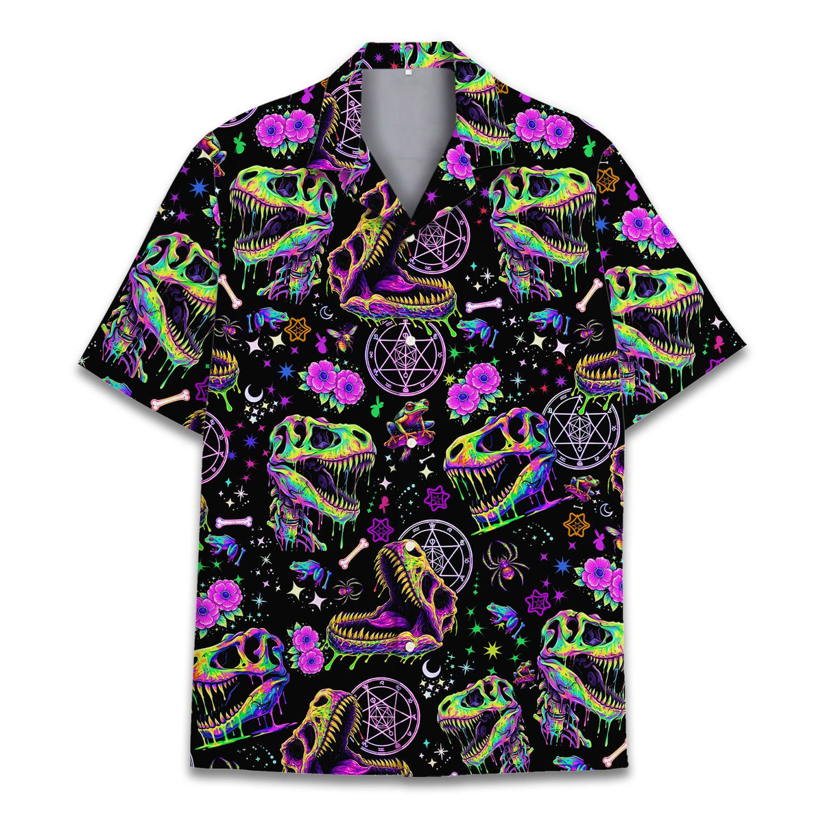 Vibrant psychedelic dinosaur hawaiian shirt featuring neon skulls on black background, main view