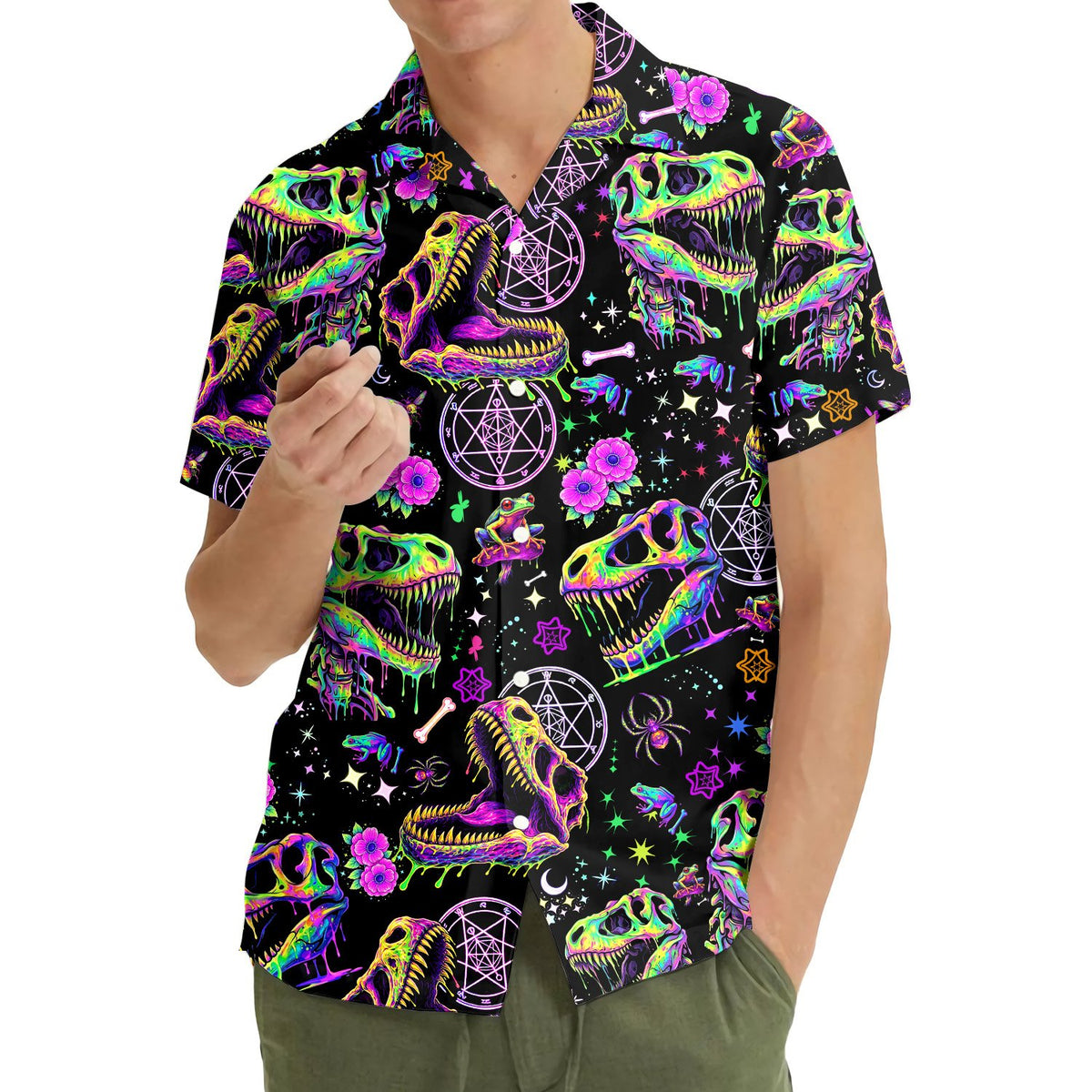 Third lifestyle view showcasing the psychedelic dinosaur hawaiian shirt pattern