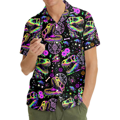 Third lifestyle view showcasing the psychedelic dinosaur hawaiian shirt pattern
