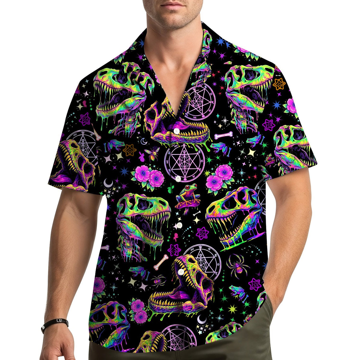 Lifestyle view of a person wearing the psychedelic dinosaur hawaiian shirt
