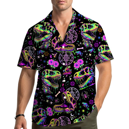 Lifestyle view of a person wearing the psychedelic dinosaur hawaiian shirt