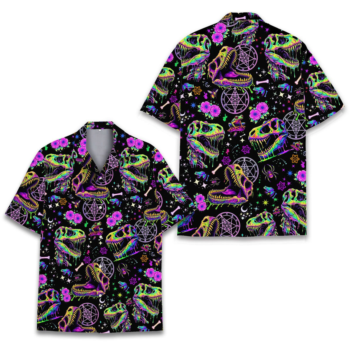 Close up front view of the psychedelic dinosaur hawaiian shirt pattern