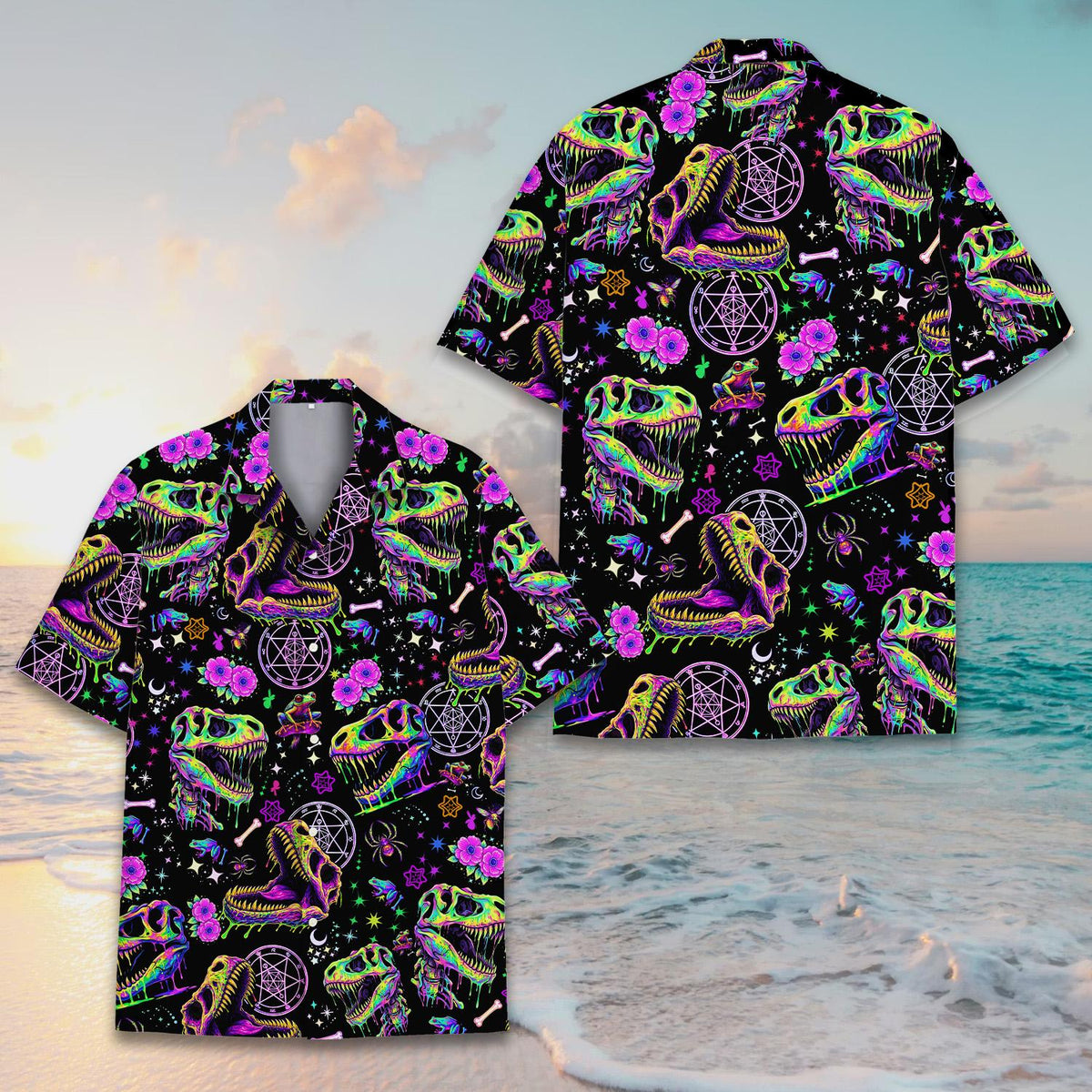 Detailed front view of the dinosaur skulls and geometric shapes on the hawaiian shirt