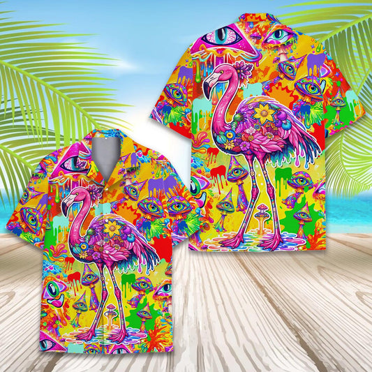 Psychedelic flamingo hawaiian shirt with vibrant neon colors, front view