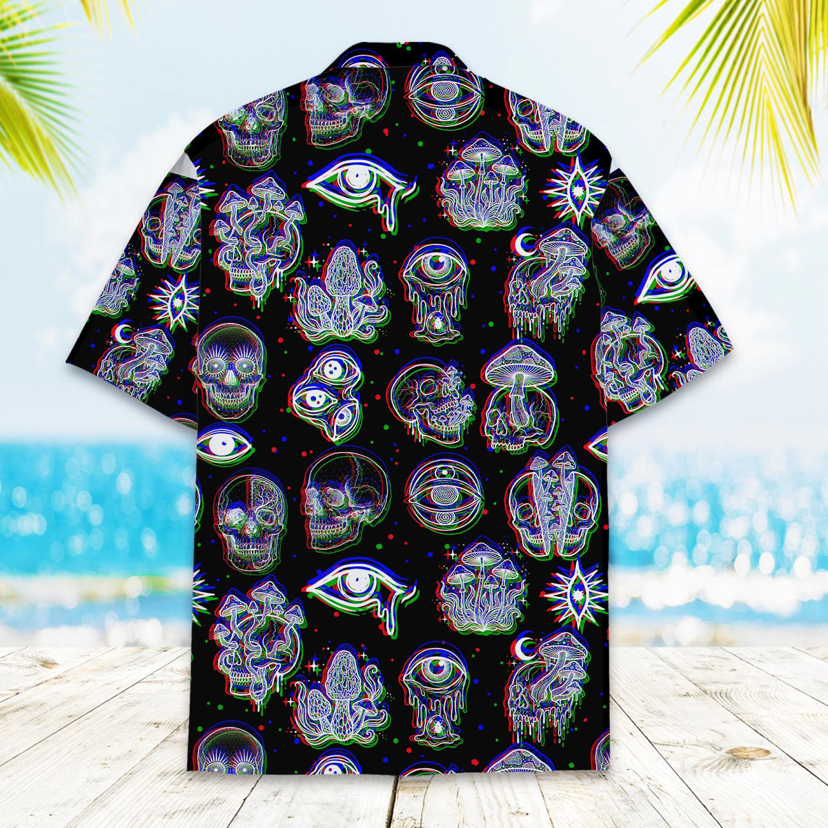 Close up back view of the neon 3D anaglyph details on the black shirt