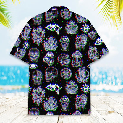Close up back view of the neon 3D anaglyph details on the black shirt