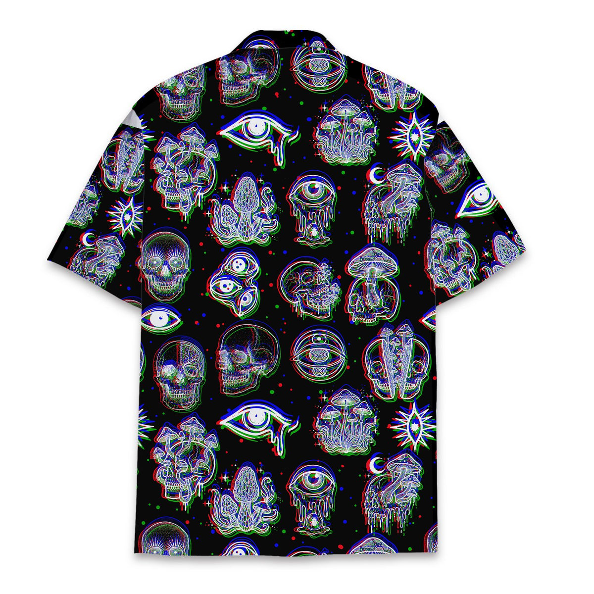 Back flat lay view of the black psychedelic hawaiian shirt showcasing the all-over glitch art pattern