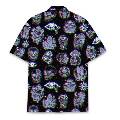 Back flat lay view of the black psychedelic hawaiian shirt showcasing the all-over glitch art pattern