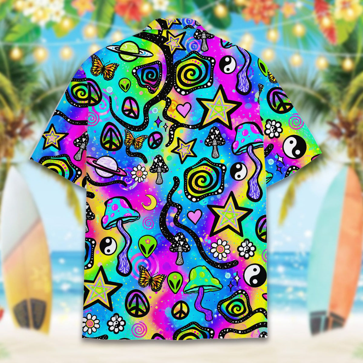 Back view of the multicolor psychedelic hawaiian shirt