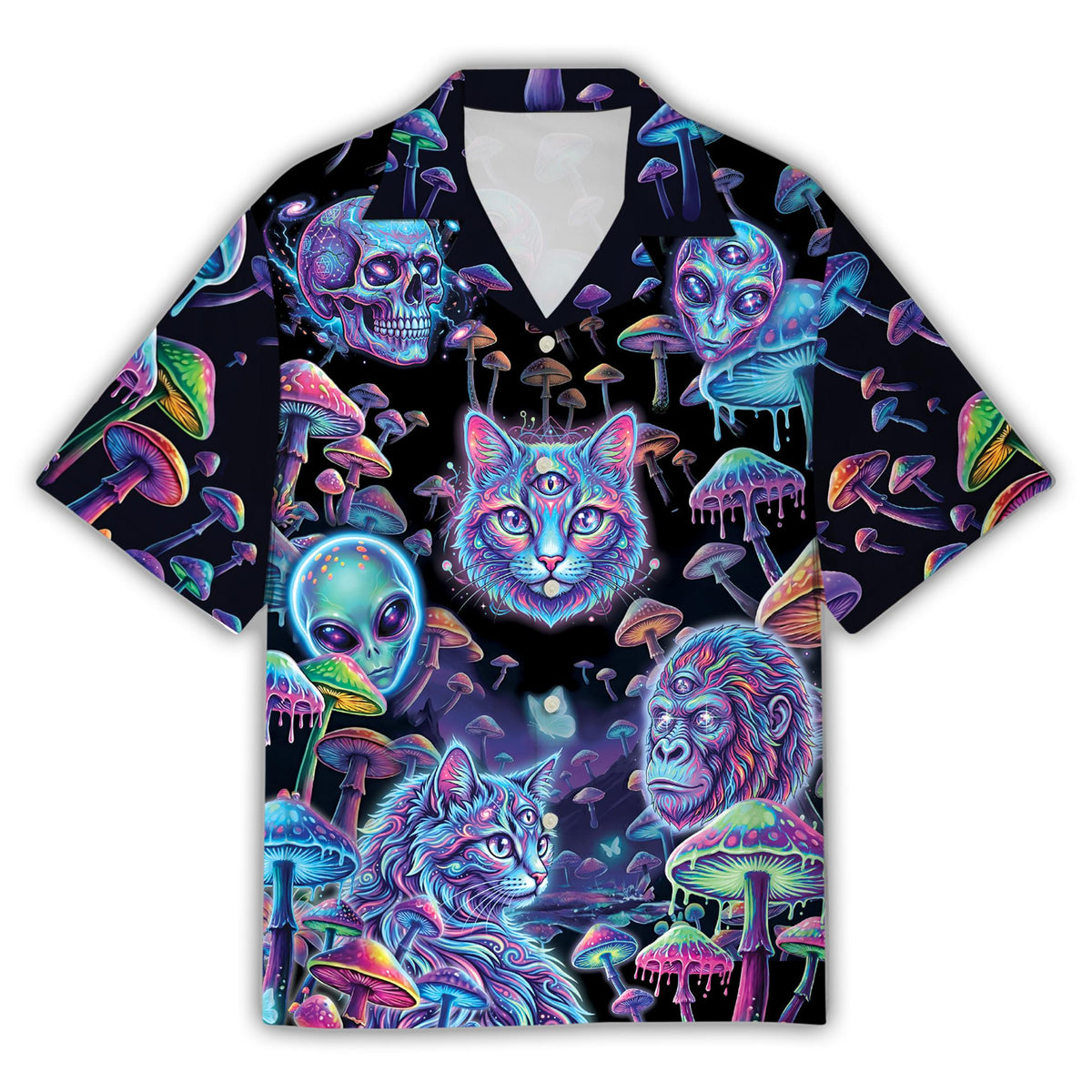 Psychedelic hawaiian shirt featuring neon aliens and space cats, front view