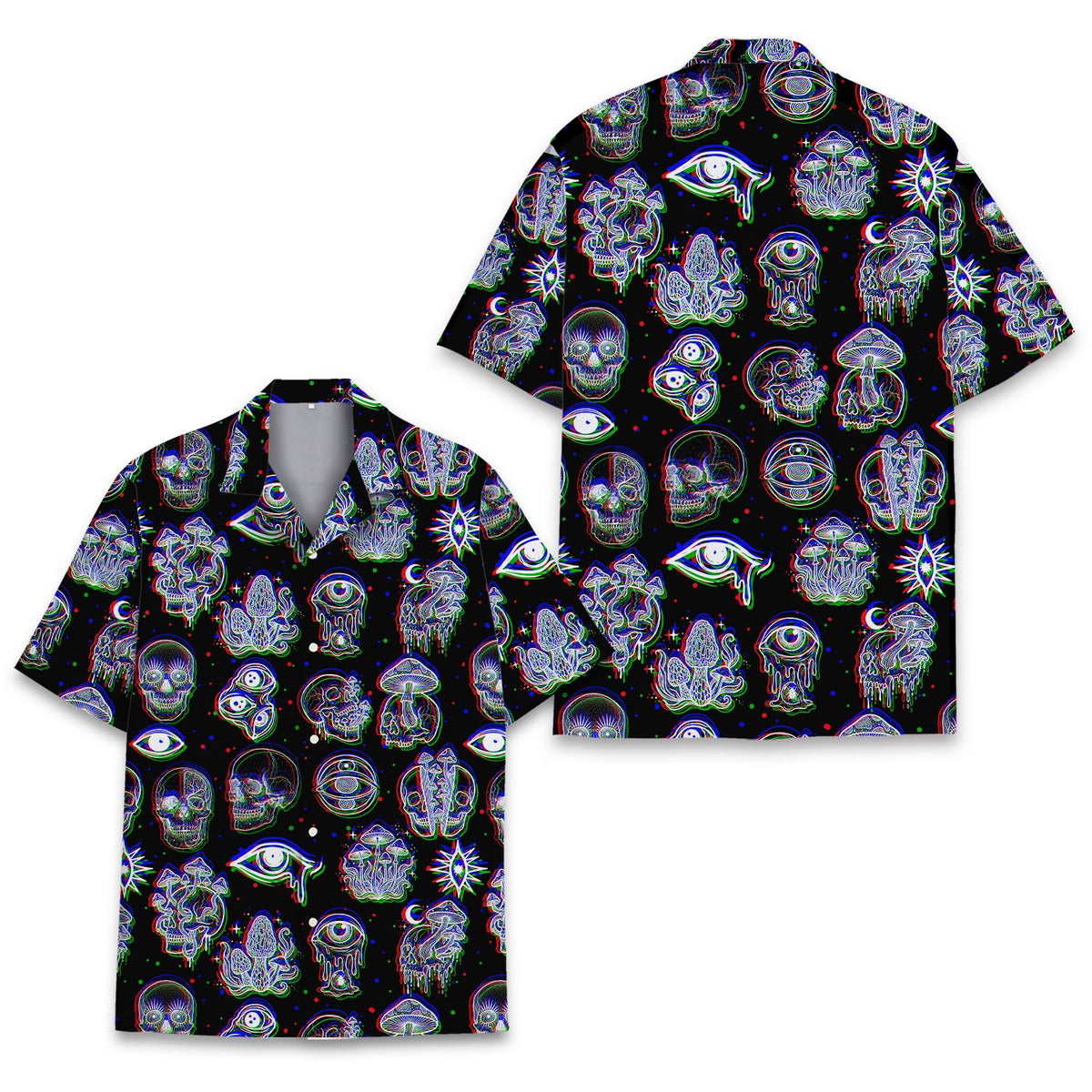Detailed front view showing the collar and button details of the psychedelic hawaiian shirt