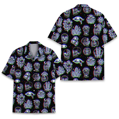 Detailed front view showing the collar and button details of the psychedelic hawaiian shirt