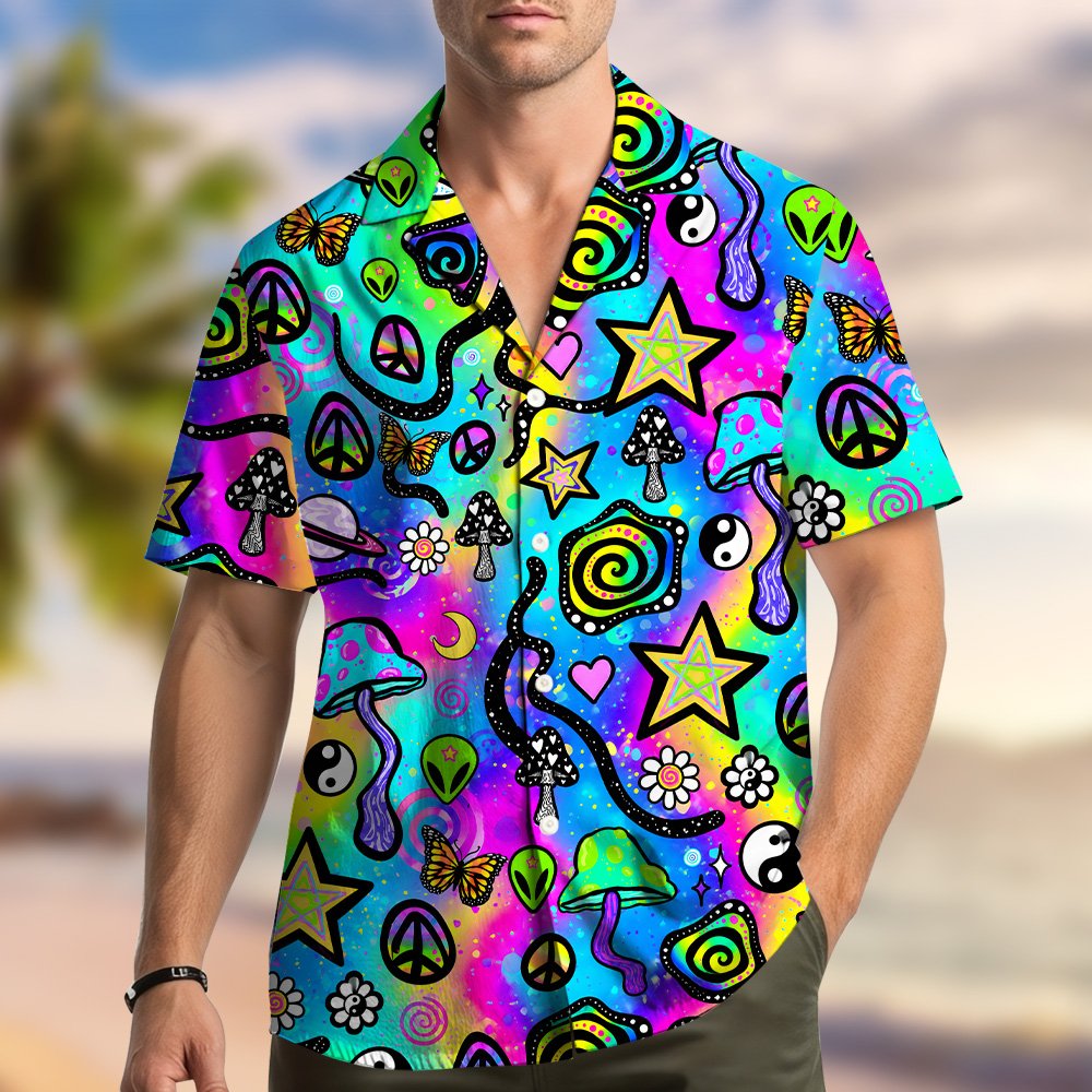 Close-up front view of the trippy neon psychedelic Hawaiian shirt