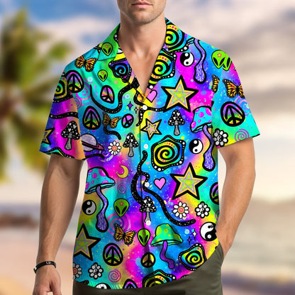 Close-up front view of the trippy neon psychedelic Hawaiian shirt
