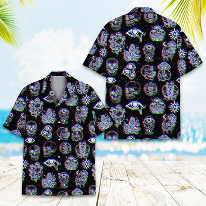 Close up front view of the neon mushroom and skull graphics on the hawaiian shirt