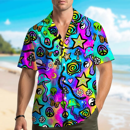 Another front view showing the bold mushrooms and peace signs on the shirt