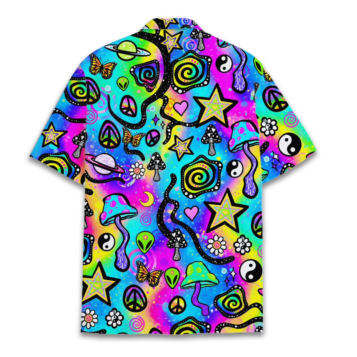 Front view displaying the colorful psychedelic Hawaiian shirt design