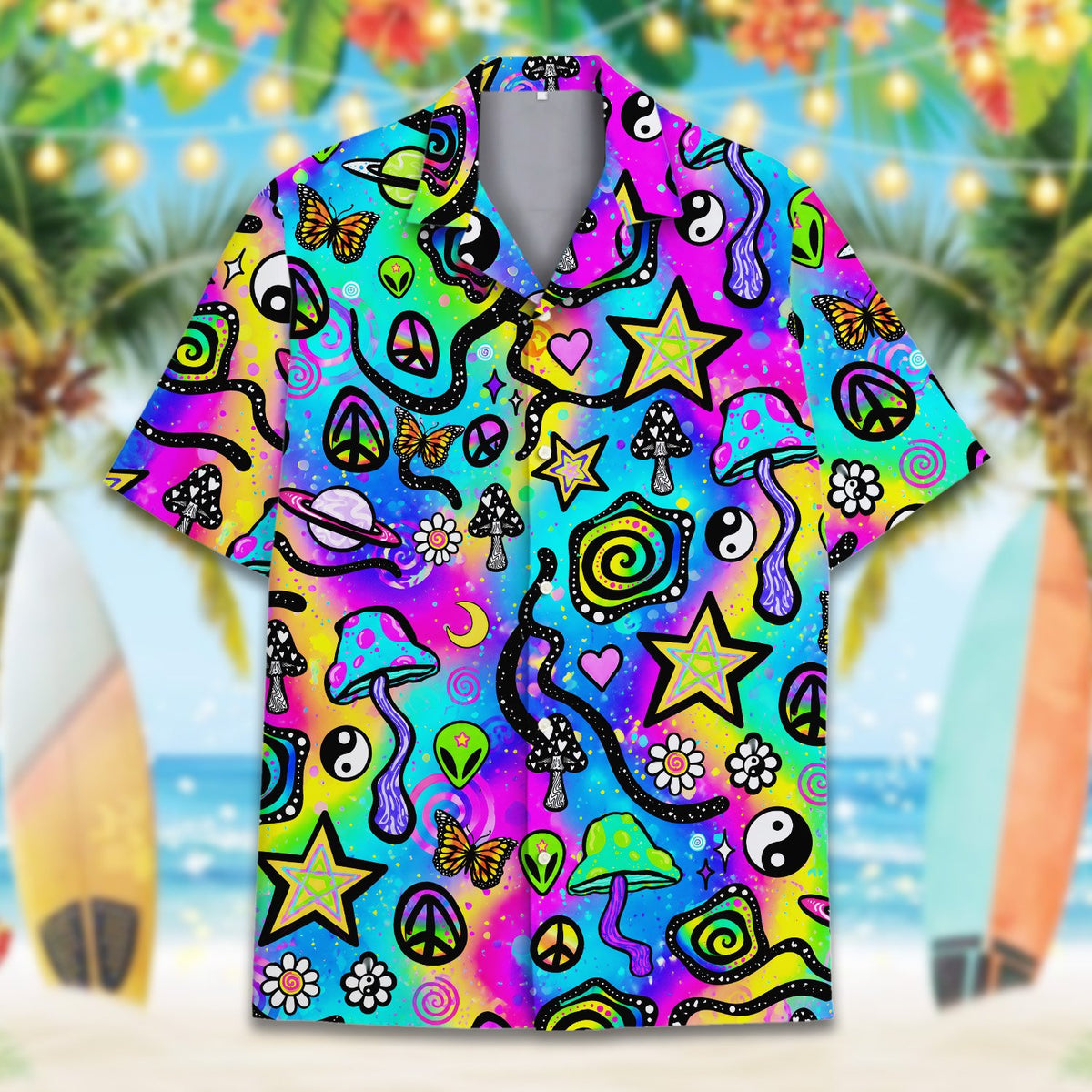 Vibrant neon pink and blue details on the front of the hawaiian shirt