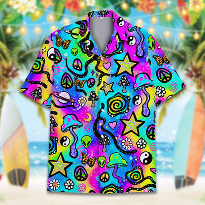 Vibrant neon pink and blue details on the front of the hawaiian shirt