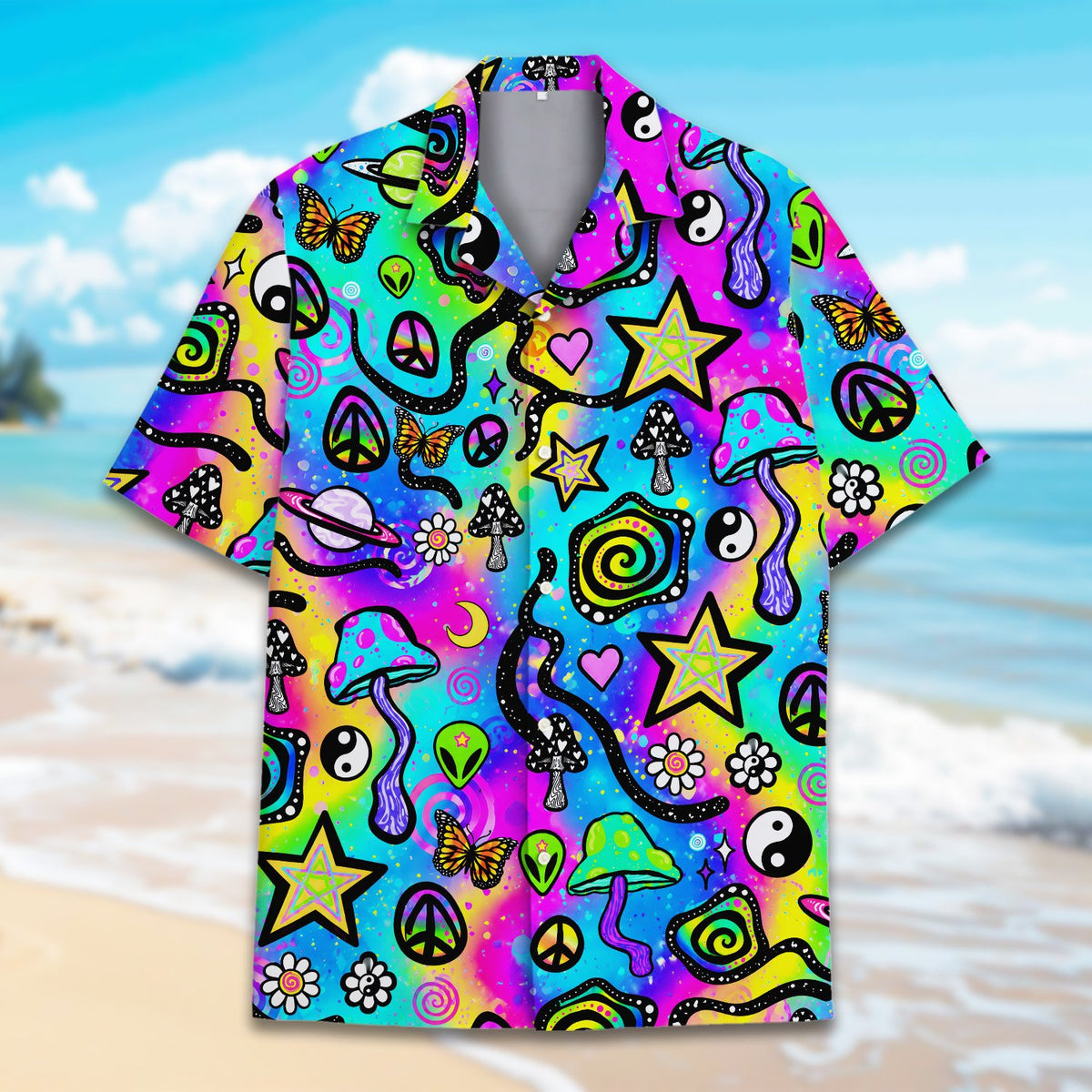 Detailed front view of the family matching psychedelic shirt