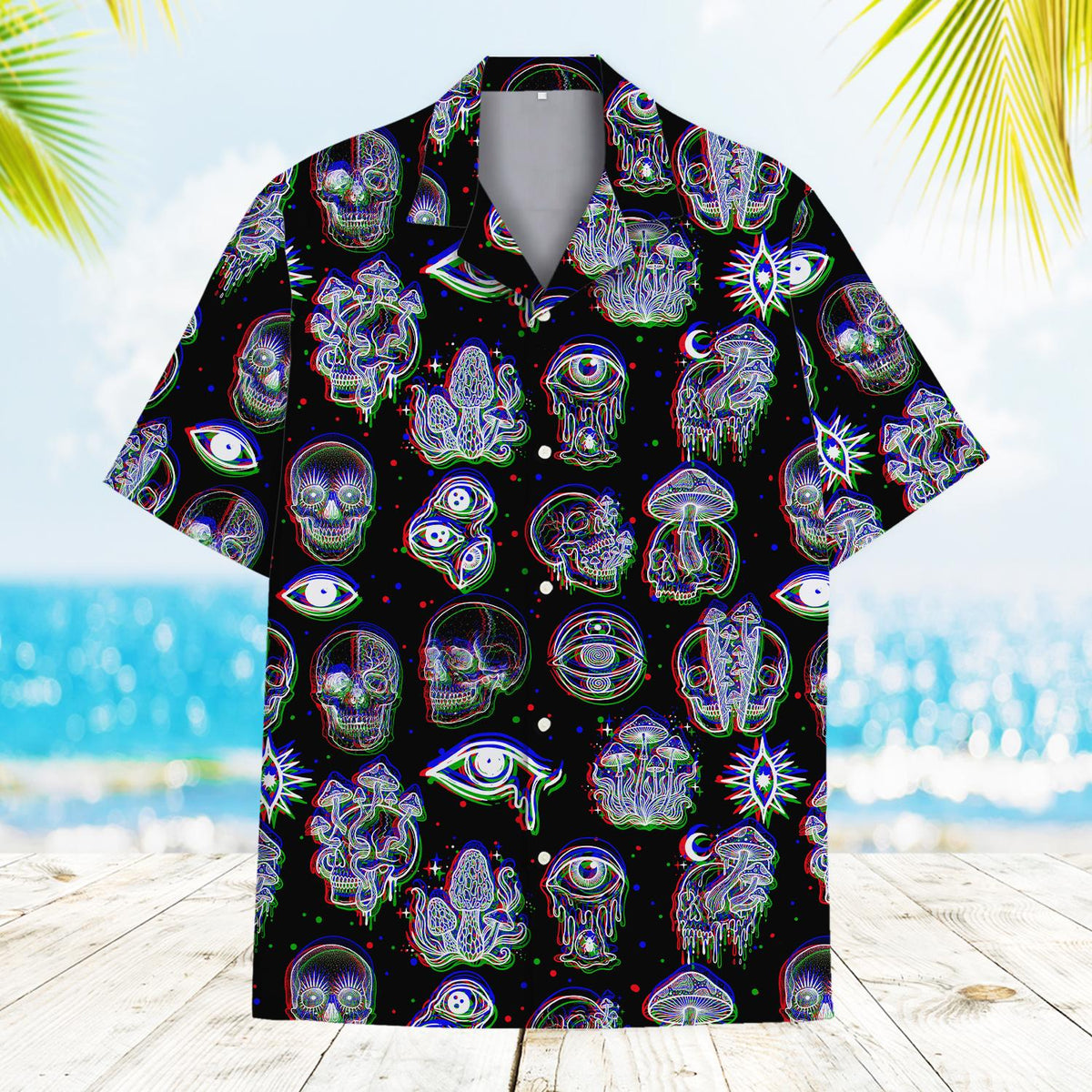 Front flat lay view of the black psychedelic hawaiian shirt with neon wireframe design