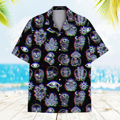 Main view of the black psychedelic hawaiian shirt featuring neon glitch art on a hanger