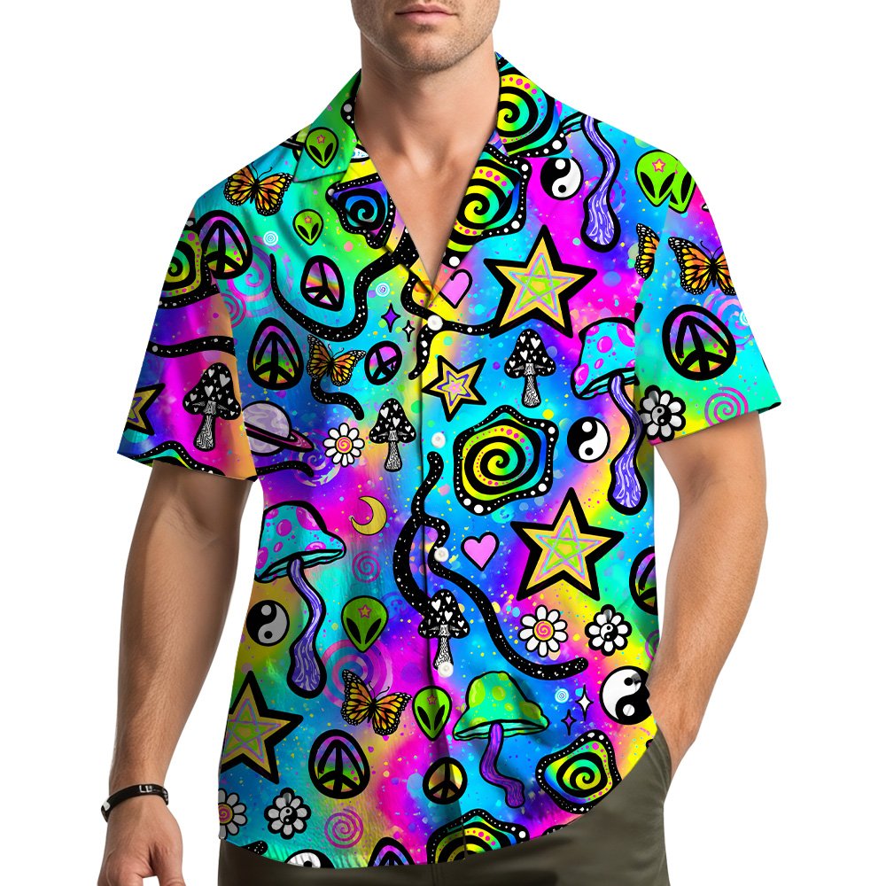 Front view of the vibrant multicolor psychedelic hawaiian shirt