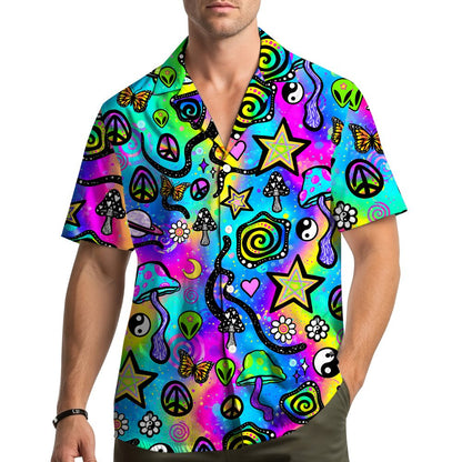Front view of the vibrant multicolor psychedelic hawaiian shirt