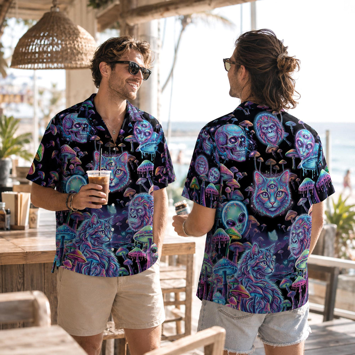 Person wearing a vibrant psychedelic hawaiian shirt outdoors