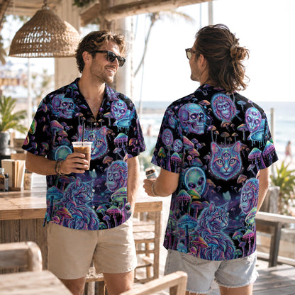 Person wearing a vibrant psychedelic hawaiian shirt outdoors