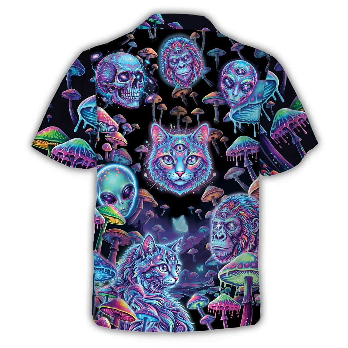 Matching family hawaiian shirts with psychedelic pattern, lifestyle view