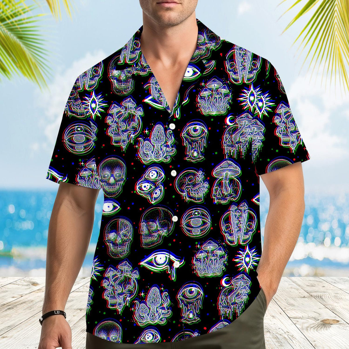 Lifestyle shot of a person styling the neon glitch art hawaiian shirt