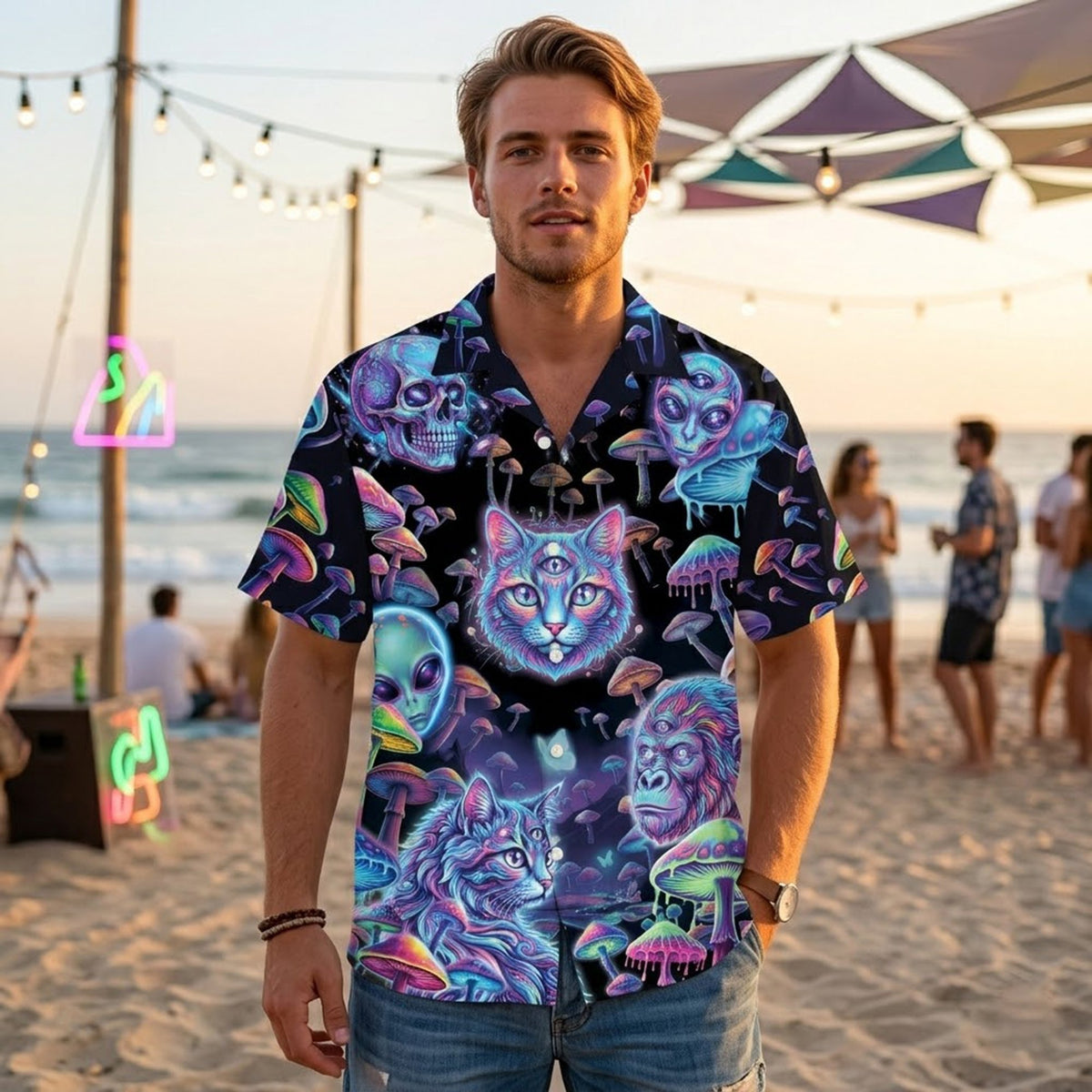 Close up lifestyle shot of a psychedelic hawaiian shirt