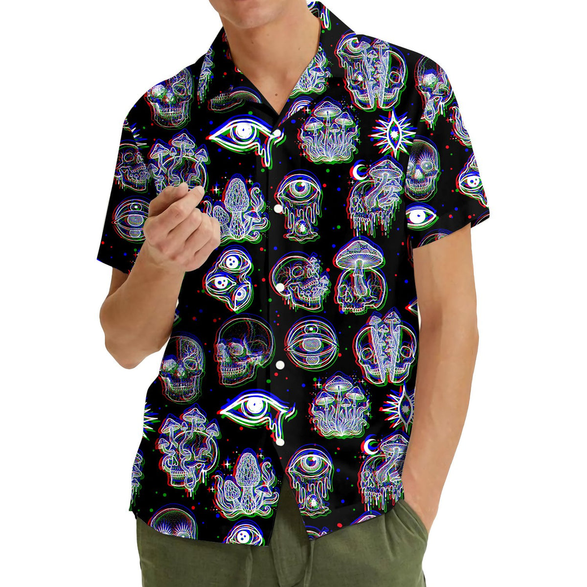 Candid lifestyle view of the black psychedelic hawaiian shirt in a casual setting