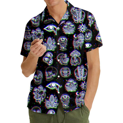 Candid lifestyle view of the black psychedelic hawaiian shirt in a casual setting