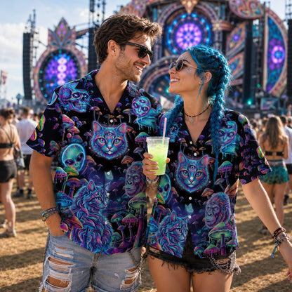 Person relaxing in a neon abstract psychedelic hawaiian shirt