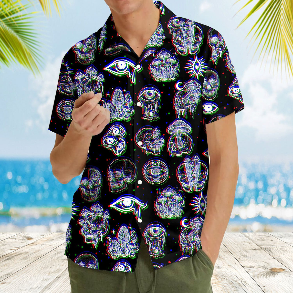 Another lifestyle perspective of the matching family hawaiian shirts with a psychedelic theme