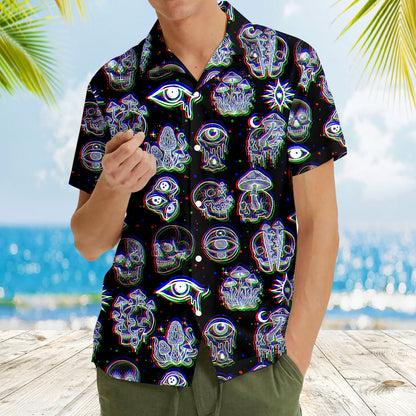Another lifestyle perspective of the matching family hawaiian shirts with a psychedelic theme