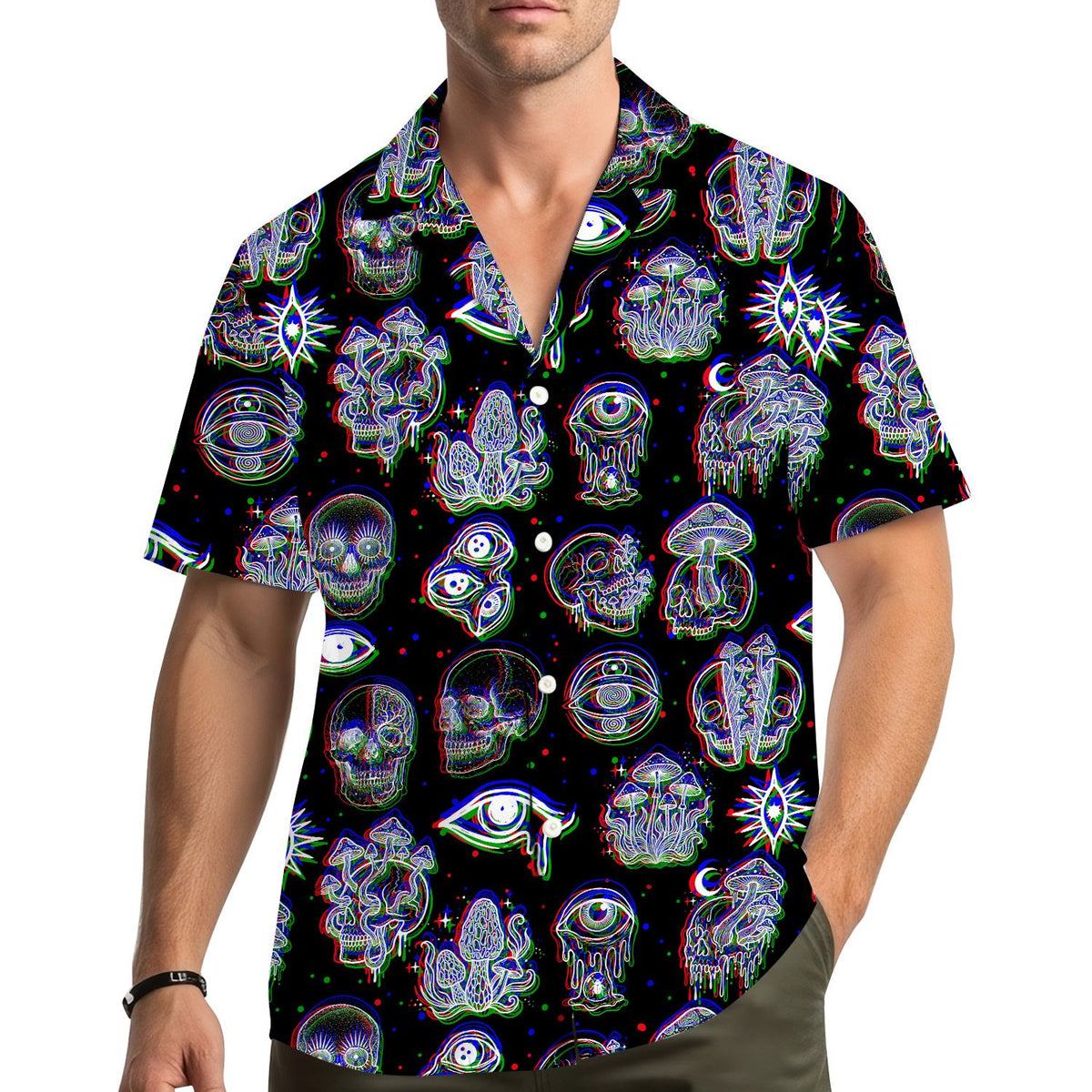Lifestyle image of an adult wearing the black psychedelic hawaiian shirt outdoors