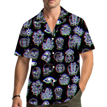 Lifestyle image of an adult wearing the black psychedelic hawaiian shirt outdoors